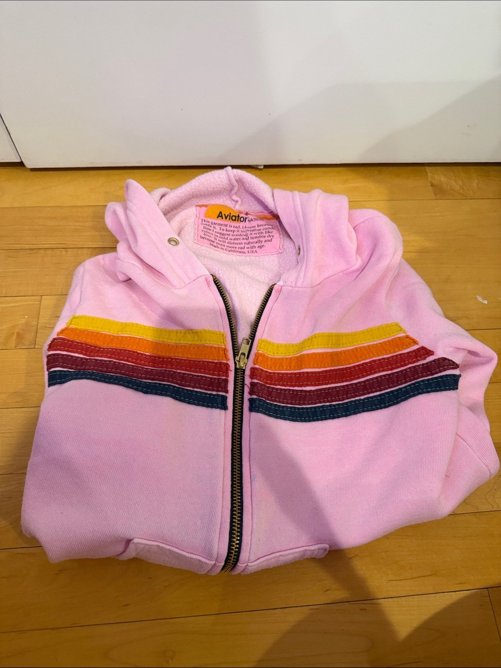 Aviator Nation Girls Pink Zip Hoodie with Rainbow Stripes